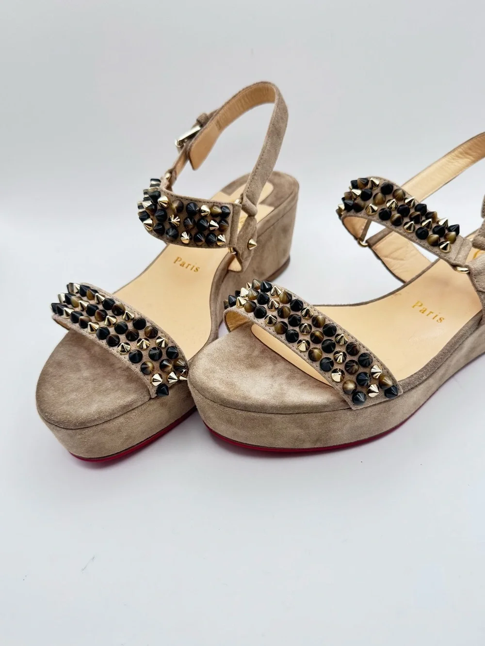 Christian Louboutin Bikee Deck 60 Studded Suede Wedge Sandals Grege 38